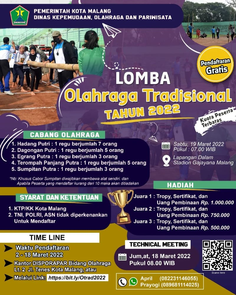 Lomba Olahraga Tradisional Tahun 2022 akan Digelar oleh Disporapar Kota Malang